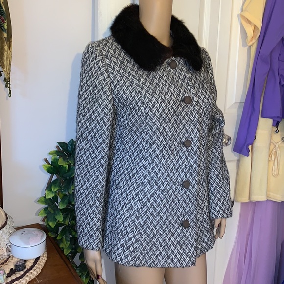 vtg 60s Wool jacket muskrat mink real fur collar short Coat M - Picture 8 of 14